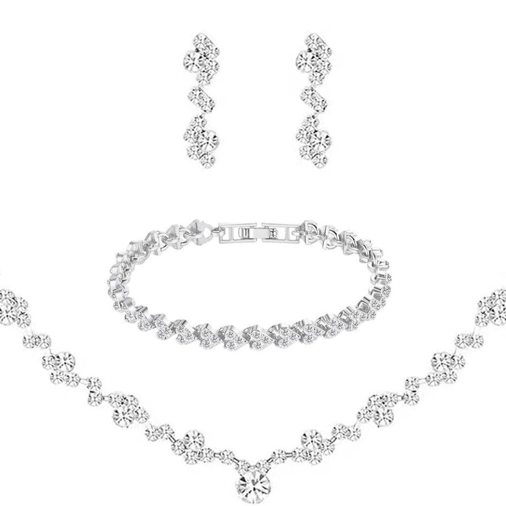 Crystal Wedding Jewelry Set Silver Necklace Earrings Bracelet Bridal Bridesmaid
